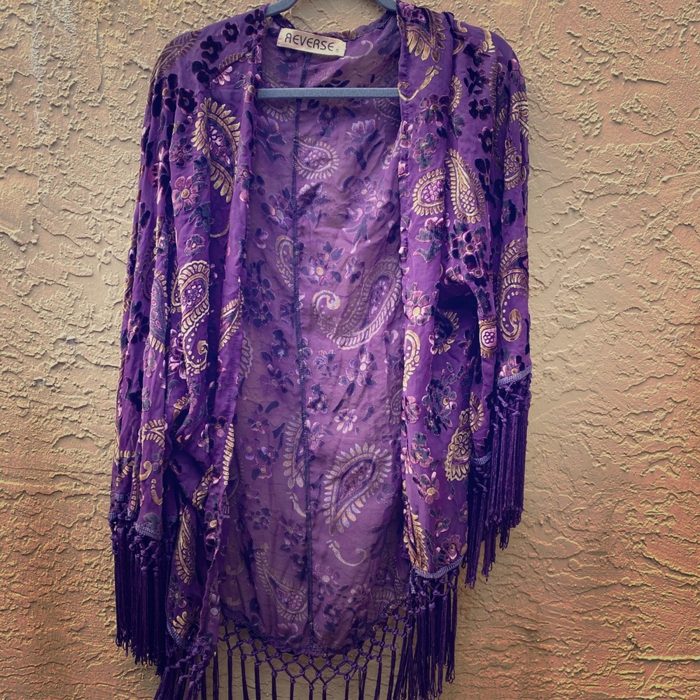 REVERSE BURNOUT VELVET FRINGE KIMONO